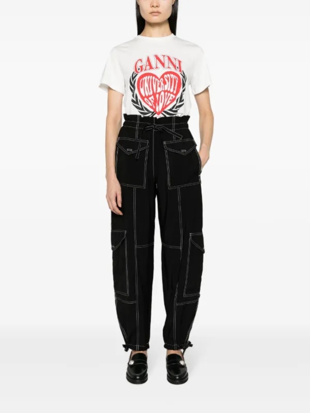 Ganni Black Cargo Jeans with White Contrast Stitching